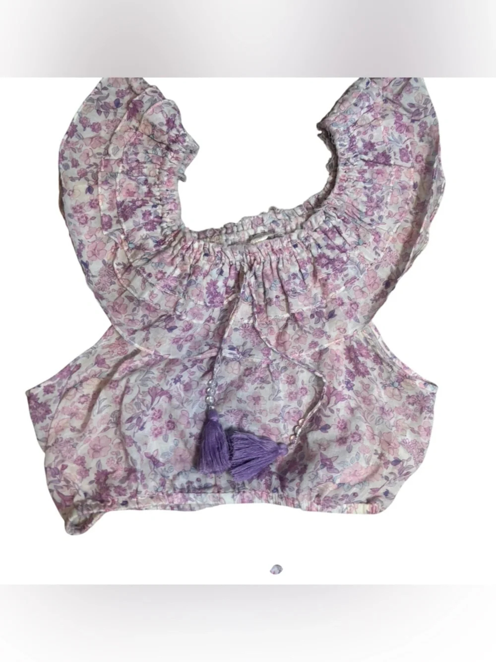Loveshackfancy Dorin Top and Ruffle Skirt Set in Purple Iris Print Cotton Size L